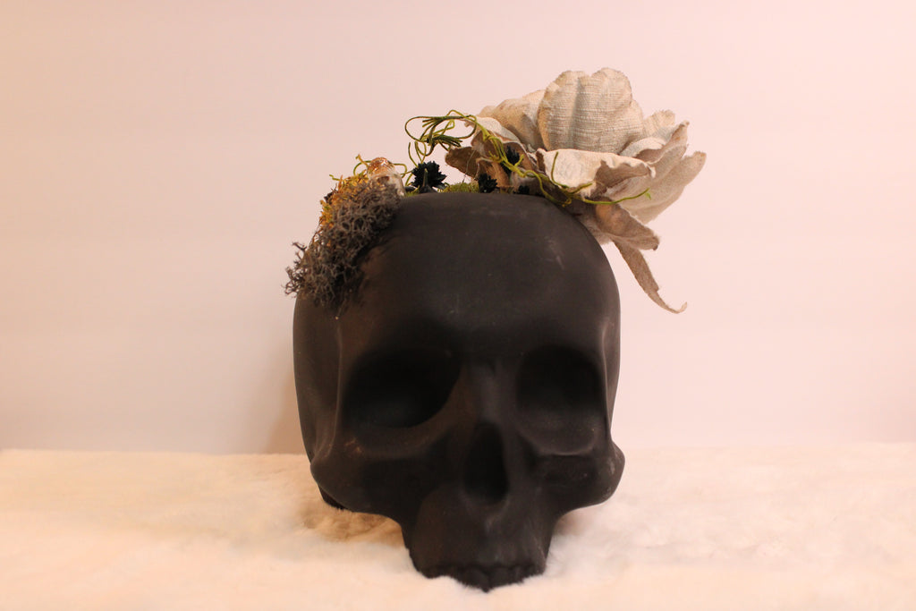 Matte Black Skull with Succulents, Moss, and Bleached Denim flower