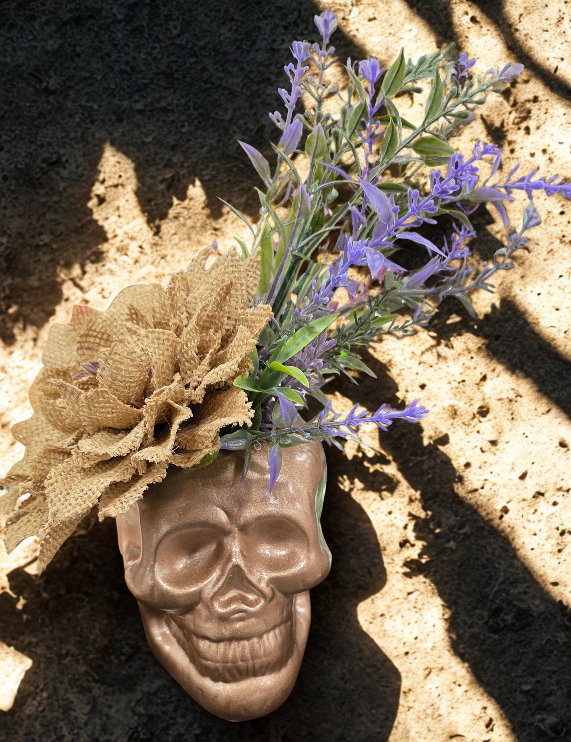 Small Rose Gold Skull with Burlap Flower and Faux Lavender