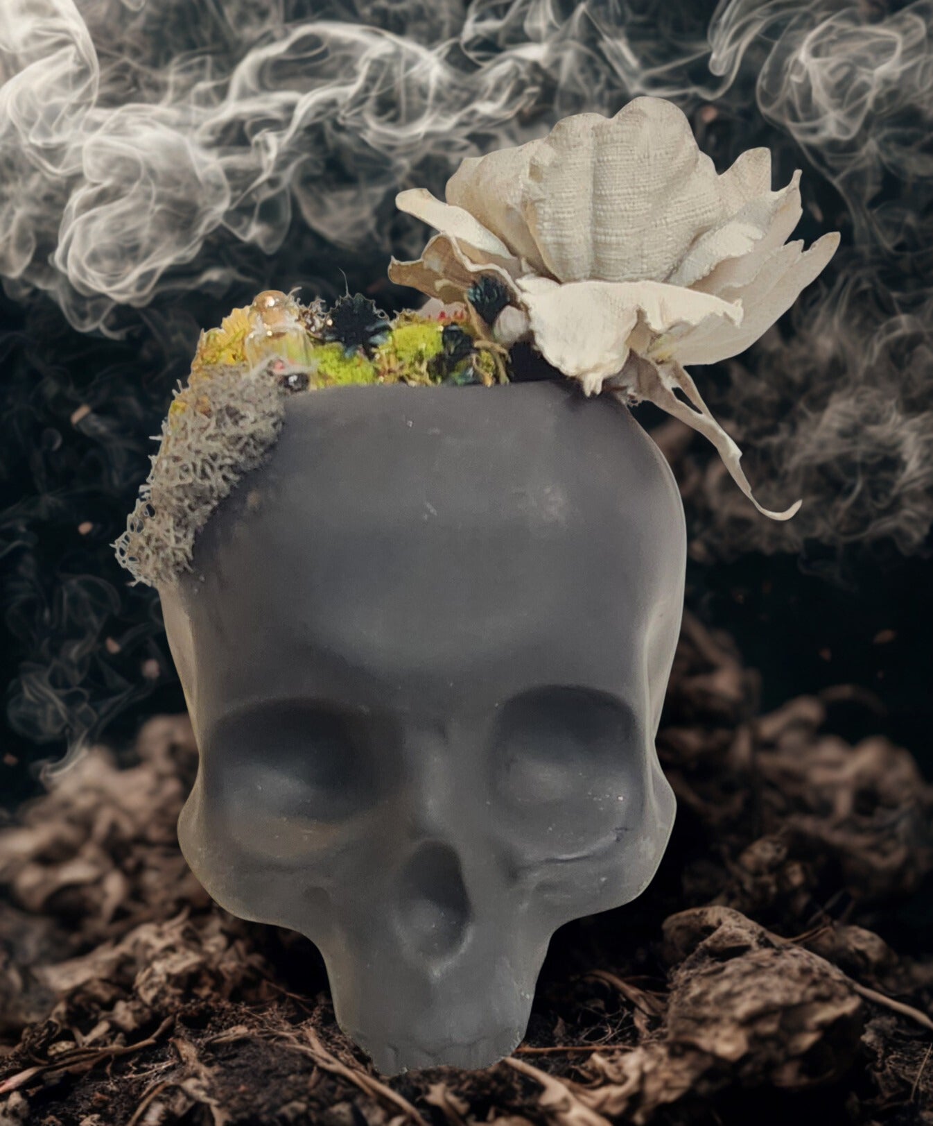 Matte Black Skull with Succulents, Moss, and Bleached Denim flower